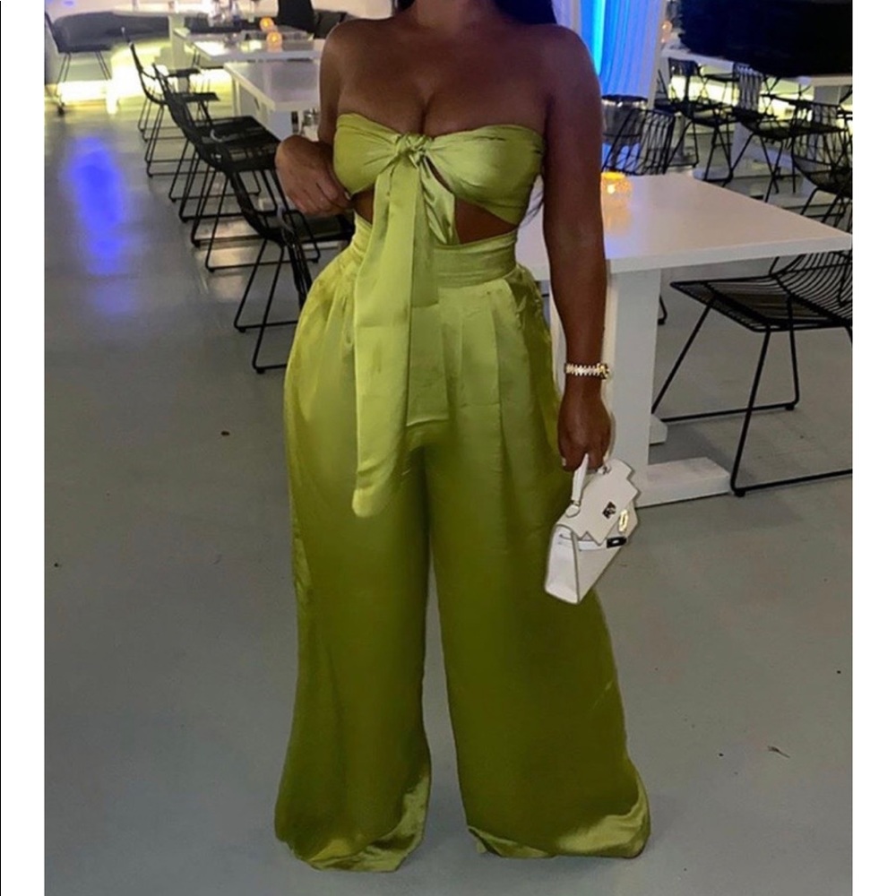 Lime Green Satin Pants Set